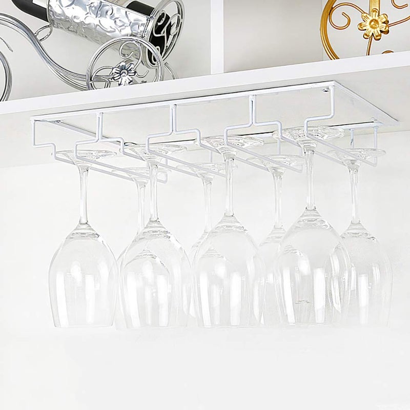 FOMANSH Wine Glass Rack - Under Cabinet Stemware Wine Glass Holder Glasses Storage Hanger 2 Pack Metal Organizer for Bar Kitchen 4 Rows White - Image 5